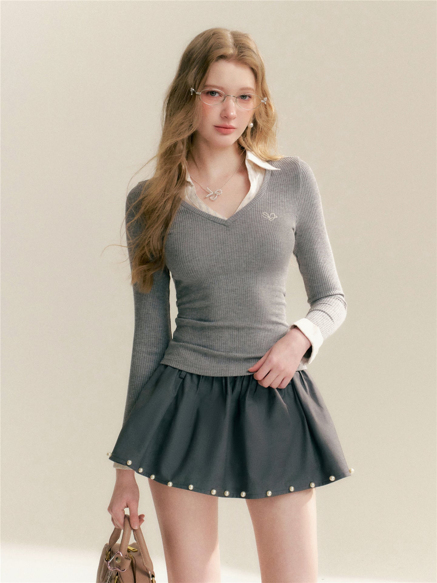 16DEWS 16D26041 Contrast striped patchwork V-neck top