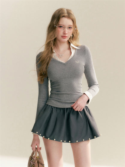 16DEWS 16D26041 Contrast striped patchwork V-neck top