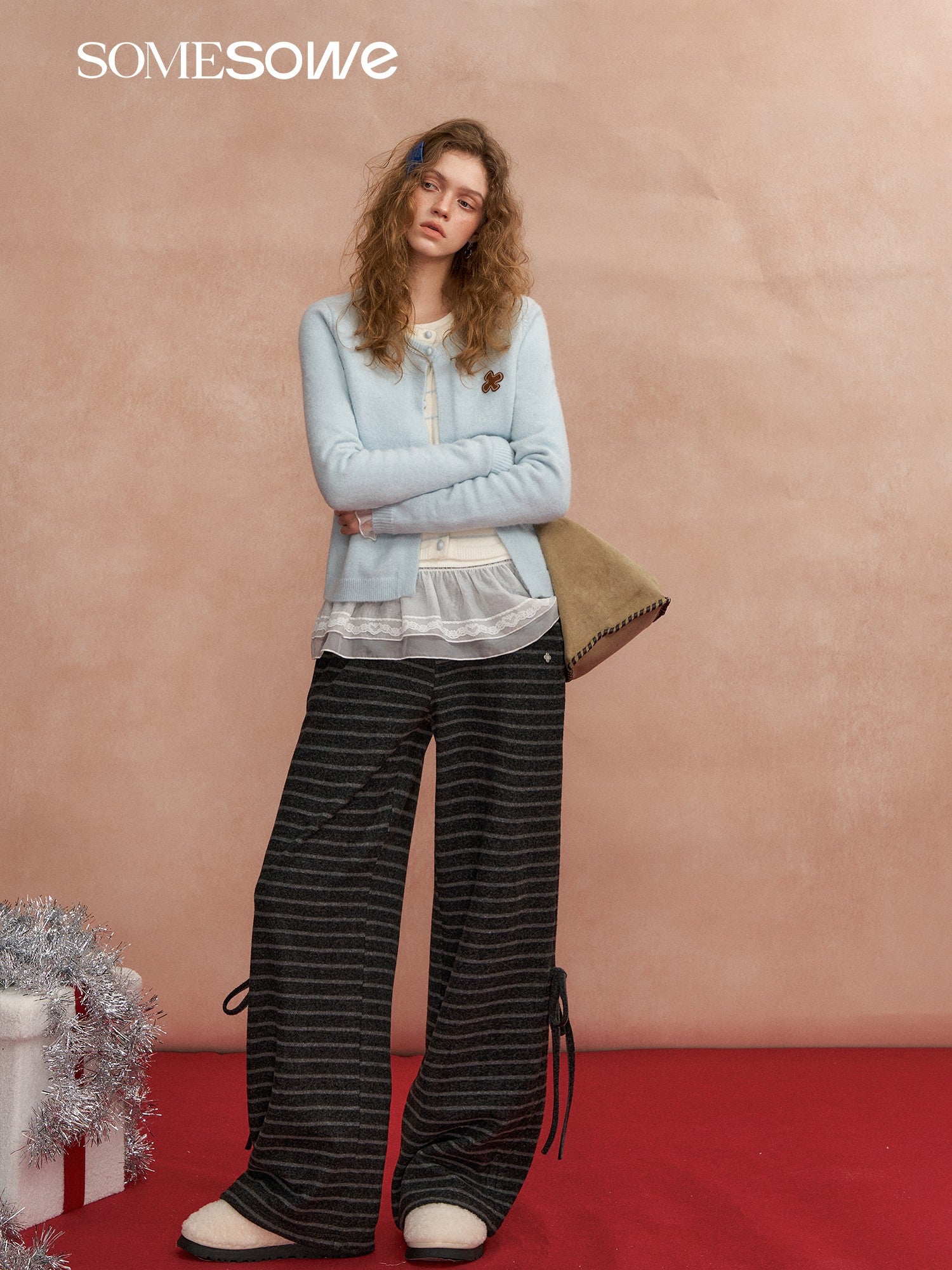 SOMESOWE S2508293 Velvet fake two contrasting striped cardigans