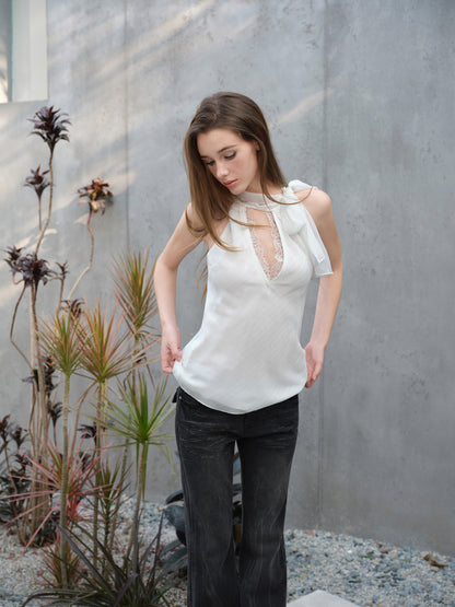 NONCESTNON N300 White ribbon chiffon shirt