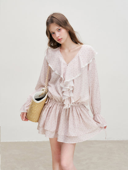 16DEWS 16D26337 Light Pink Floral Ruffle V-Neck Dress