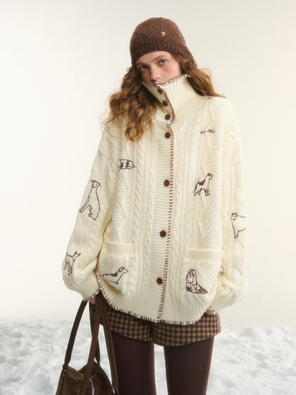 AsGony ASG25557 Wool Embroidered Stand up Collar Twisted Knitted Coat