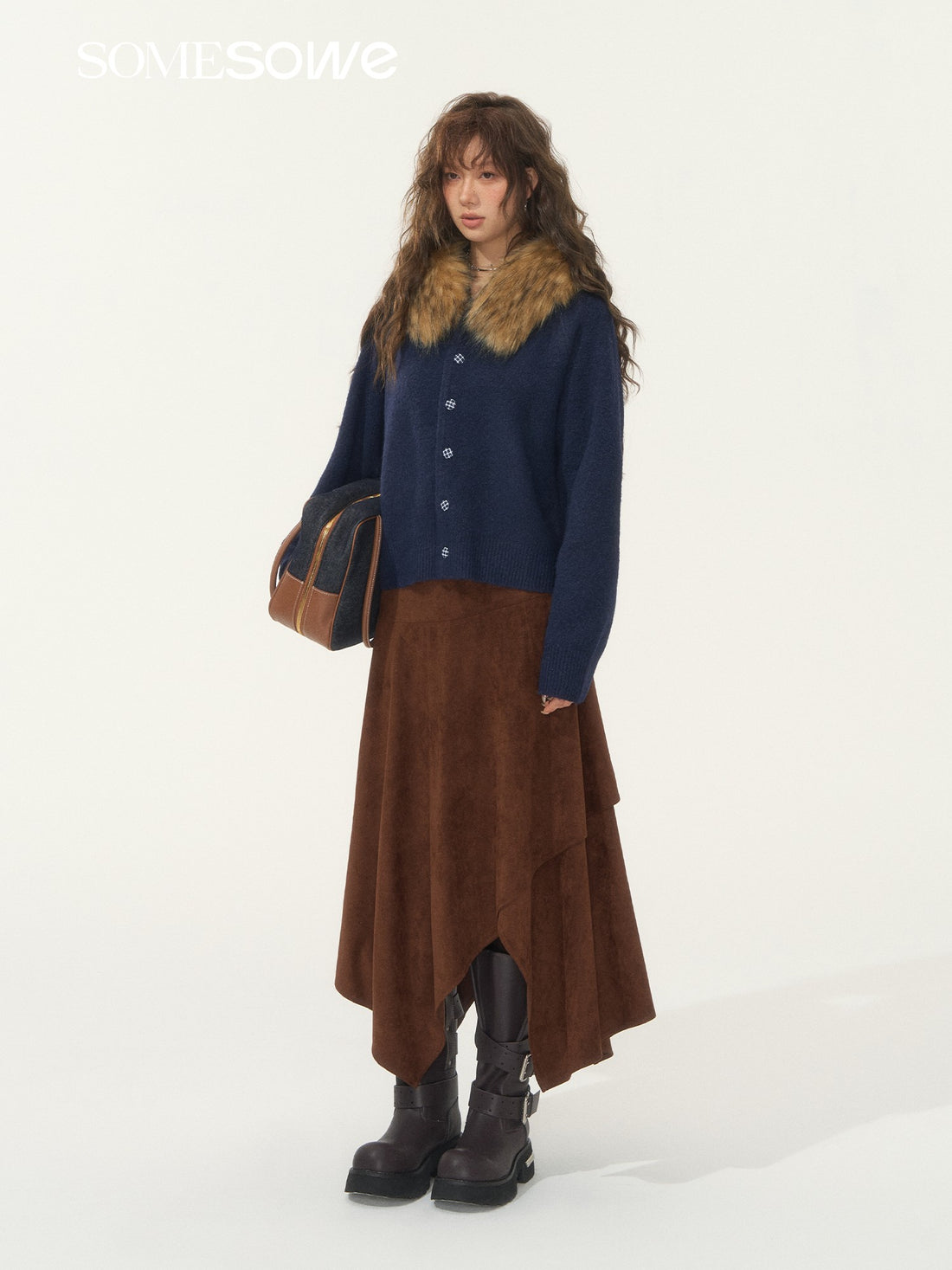 SOMESOWE S2508279 Detachable wool collar cowhide hooded cardigan