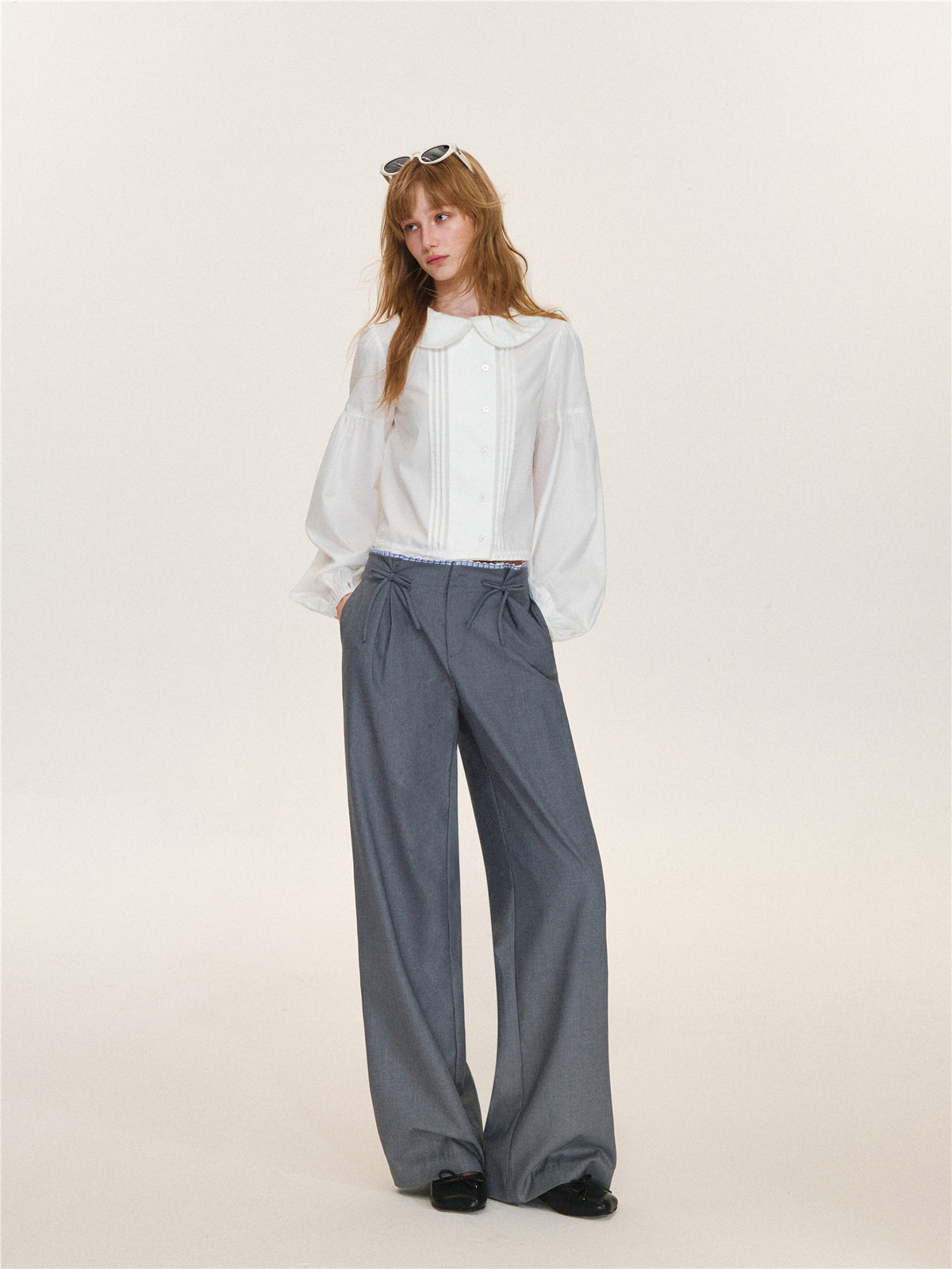 Asgony ASG26627 Plaid Lace-Trim Pleated-Waist Trousers