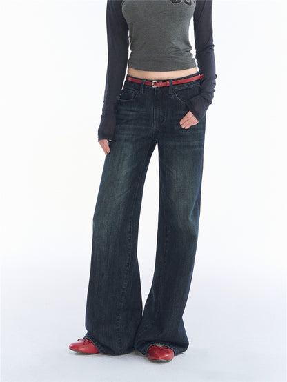 Asgony ASG26551 Low-Rise Straight-Leg Jeans with Red Belt