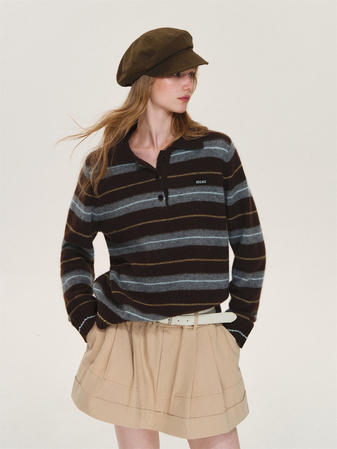Asgony ASG26597 Striped Collared Knit Polo Shirt