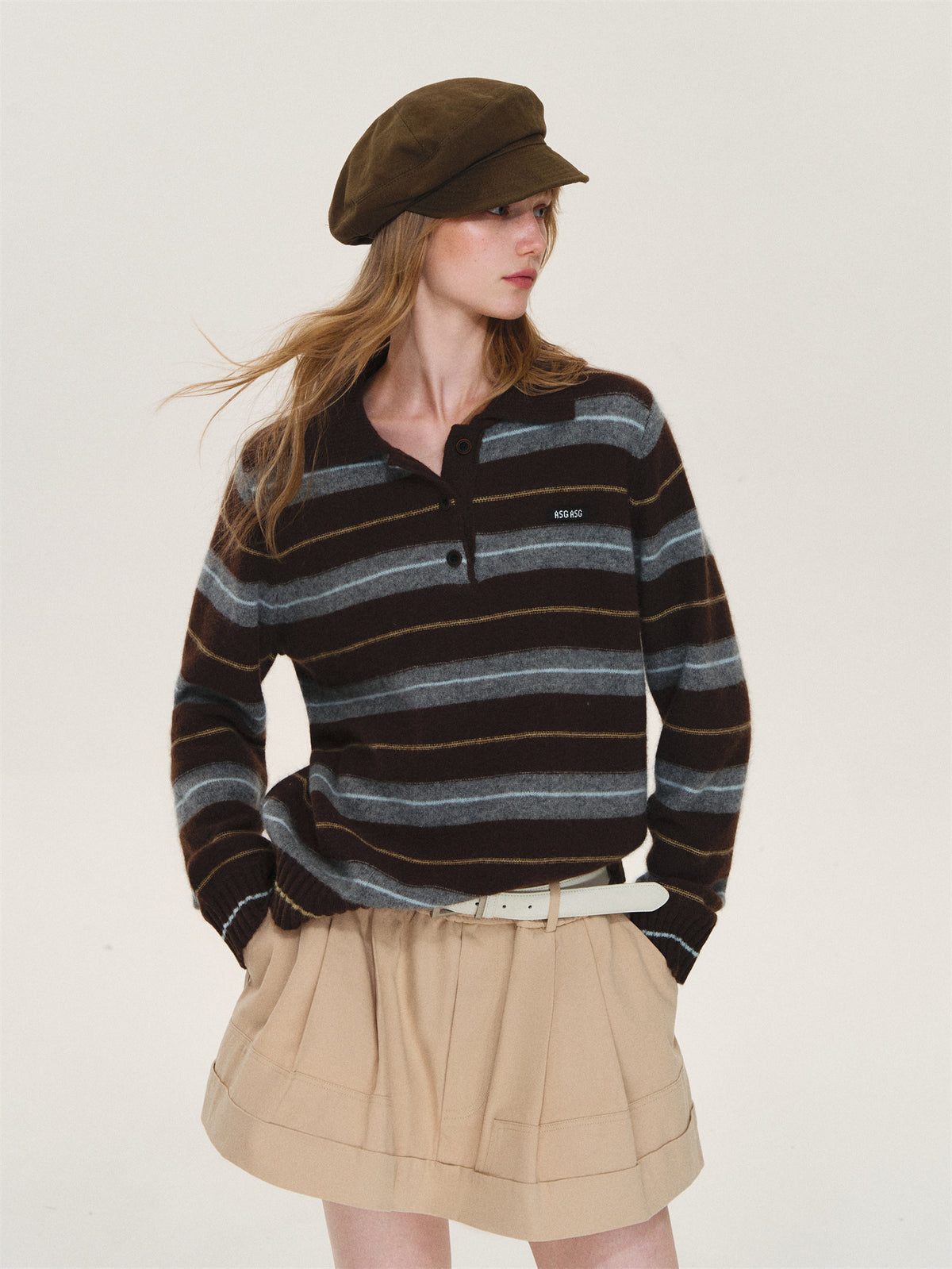 Asgony ASG26597 Striped Collared Knit Polo Shirt