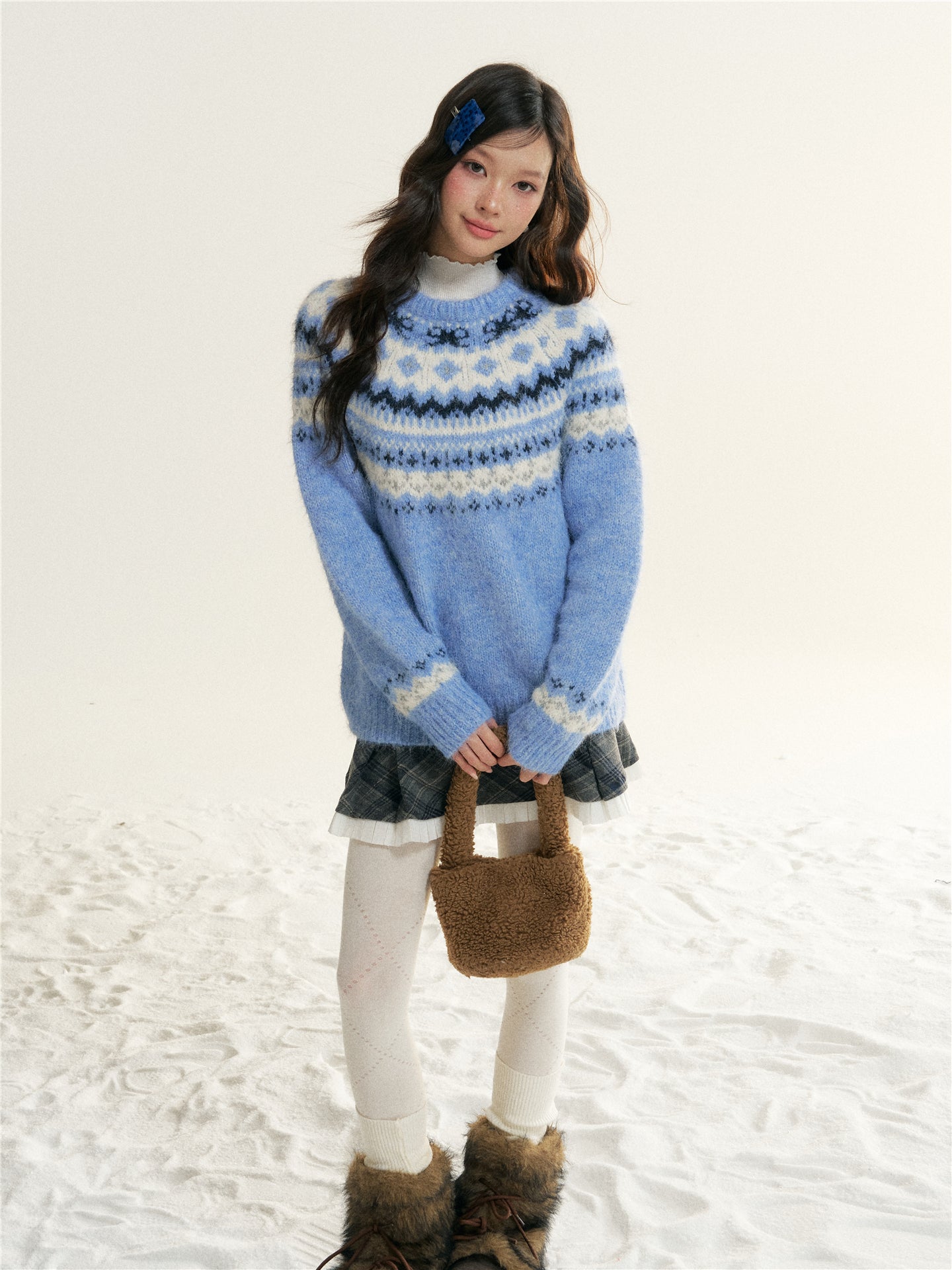 16DEWS 16D25511 Fair Isle Cable Knit Crewneck Sweater