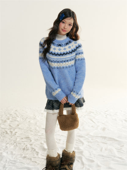 16DEWS 16D25511 Fair Isle Cable Knit Crewneck Sweater