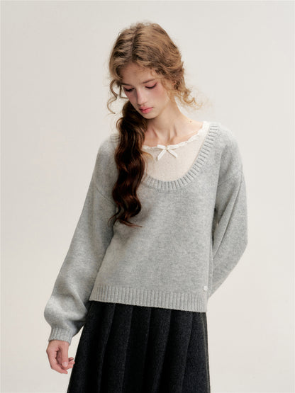 16DEWS 16D25463 Fake two piece contrasting wool knitted sweater