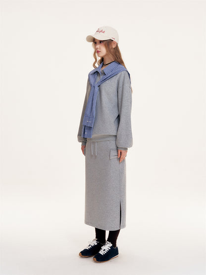 16DEWS 16D25399&amp;16D25340 Grid patchwork polo lapel long sleeved sweatshirt + pants set