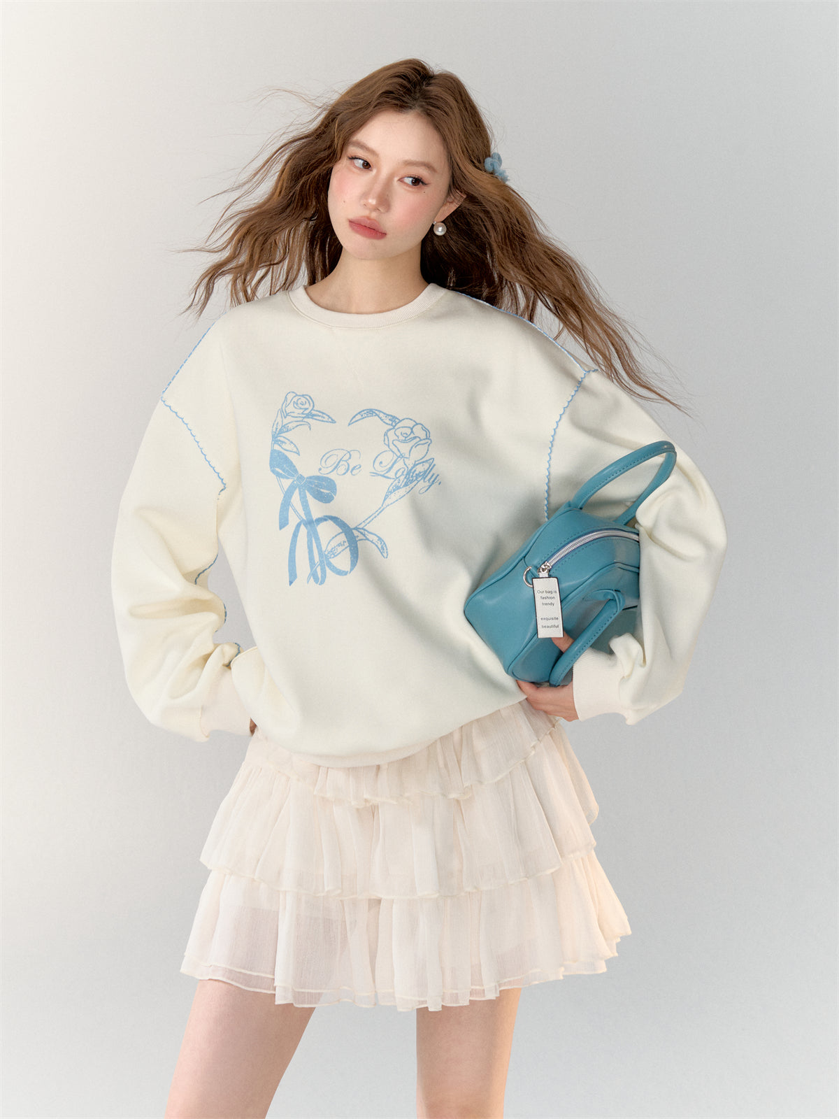 AsGony ASG24712&amp;ASG24713 Blue printed embroidered hoodie + skirt