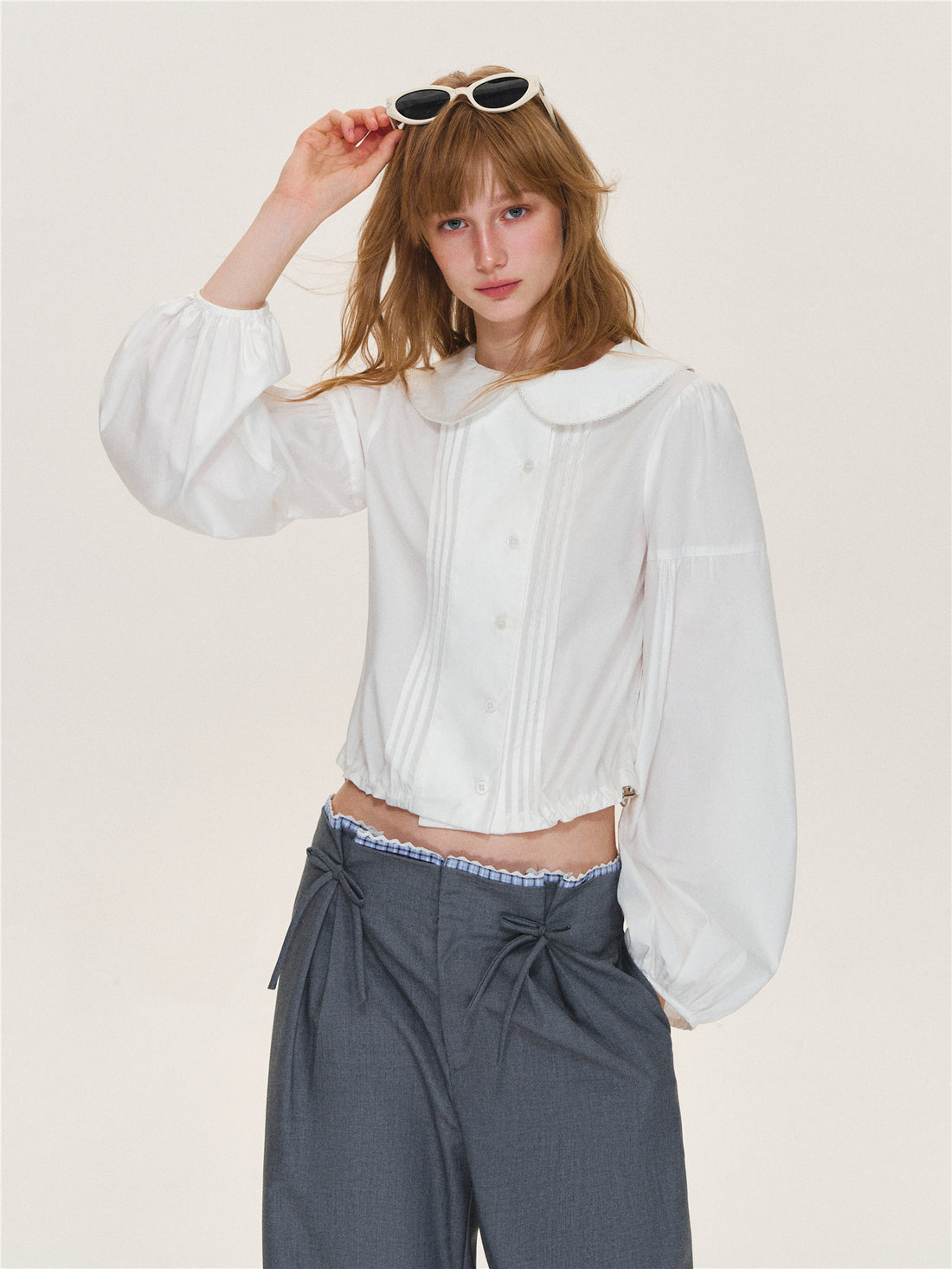 Asgony ASG26565 Tuck-Pleat Lace Trim Collar Blouse