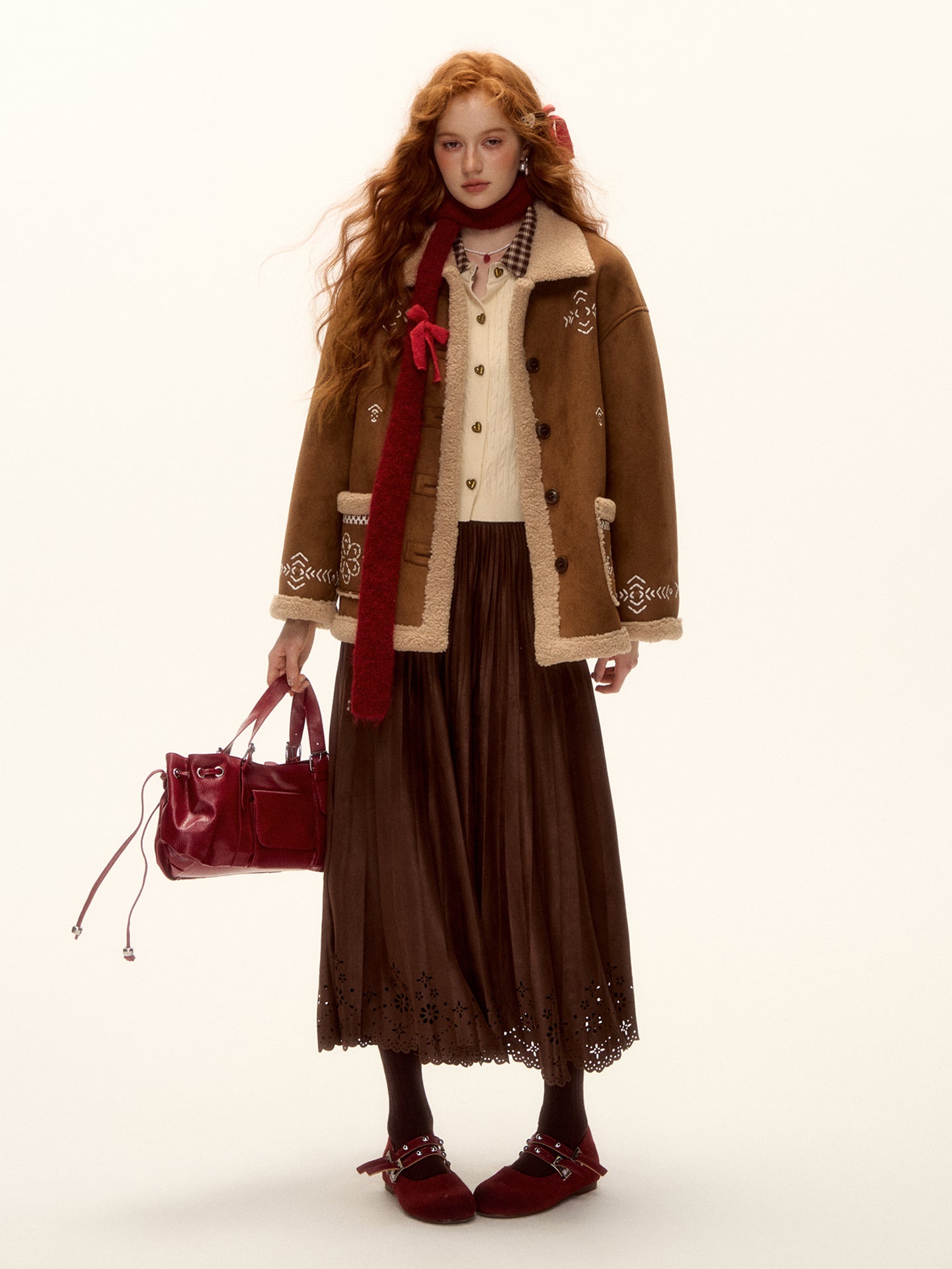 AsGony ASG25477 Hollow lace hem pleated suede long skirt