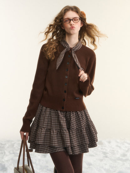 AsGony ASG25535&amp;ASG25536 Wool rabbit ear strap grid splicing knitted top + skirt set