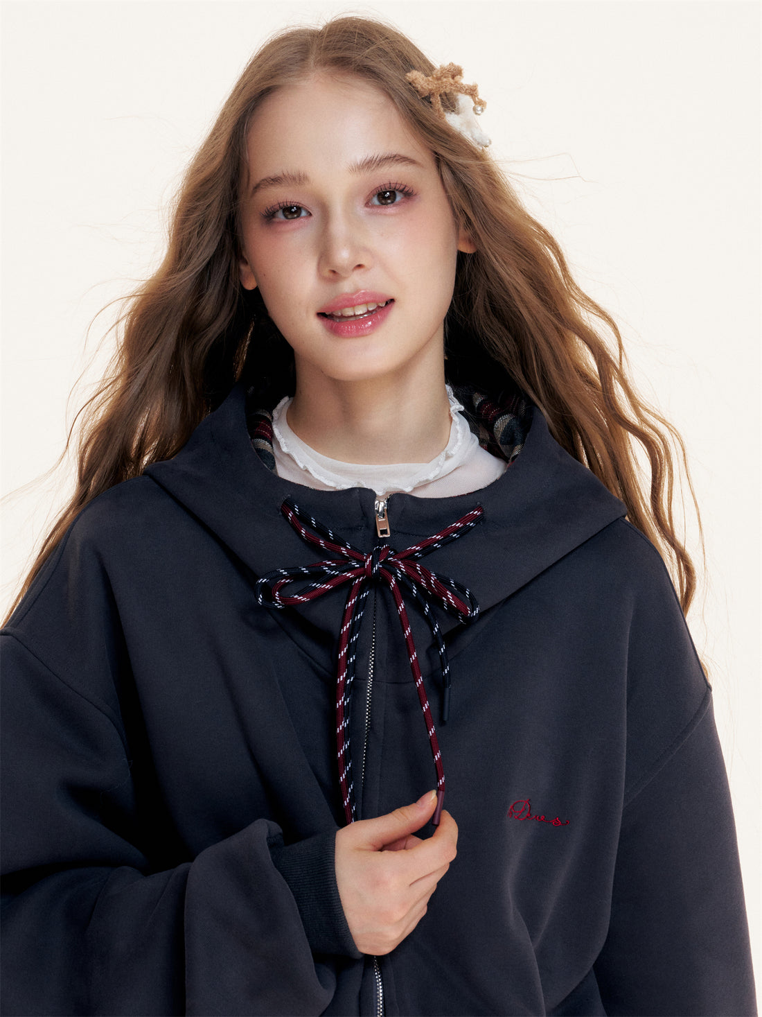 16DEWS 16D25429 Color blocked hooded drawstring sweatshirt jacket