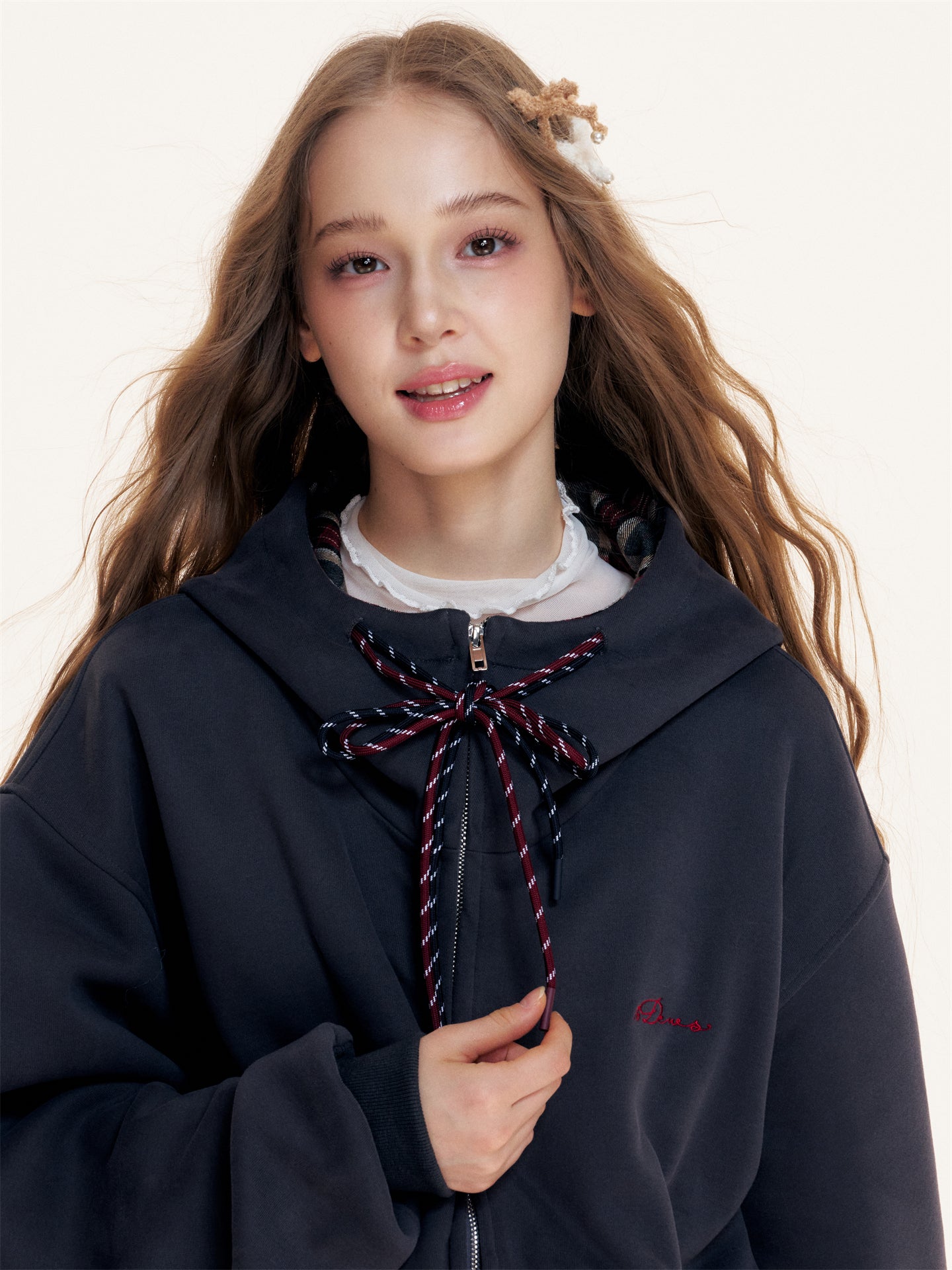16DEWS 16D25429 Color blocked hooded drawstring sweatshirt jacket