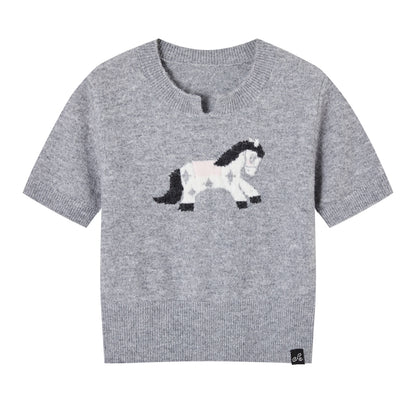 SOMESOWE S2609034 Pony Jacquard Knitted Short Sleeve Top
