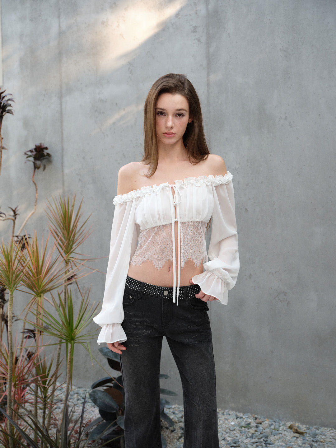 NONCESTNON N318 White chiffon lace long shirt