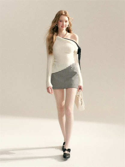 16DEWS 16D26007 Color blocking straps irregular design slim knit sweater