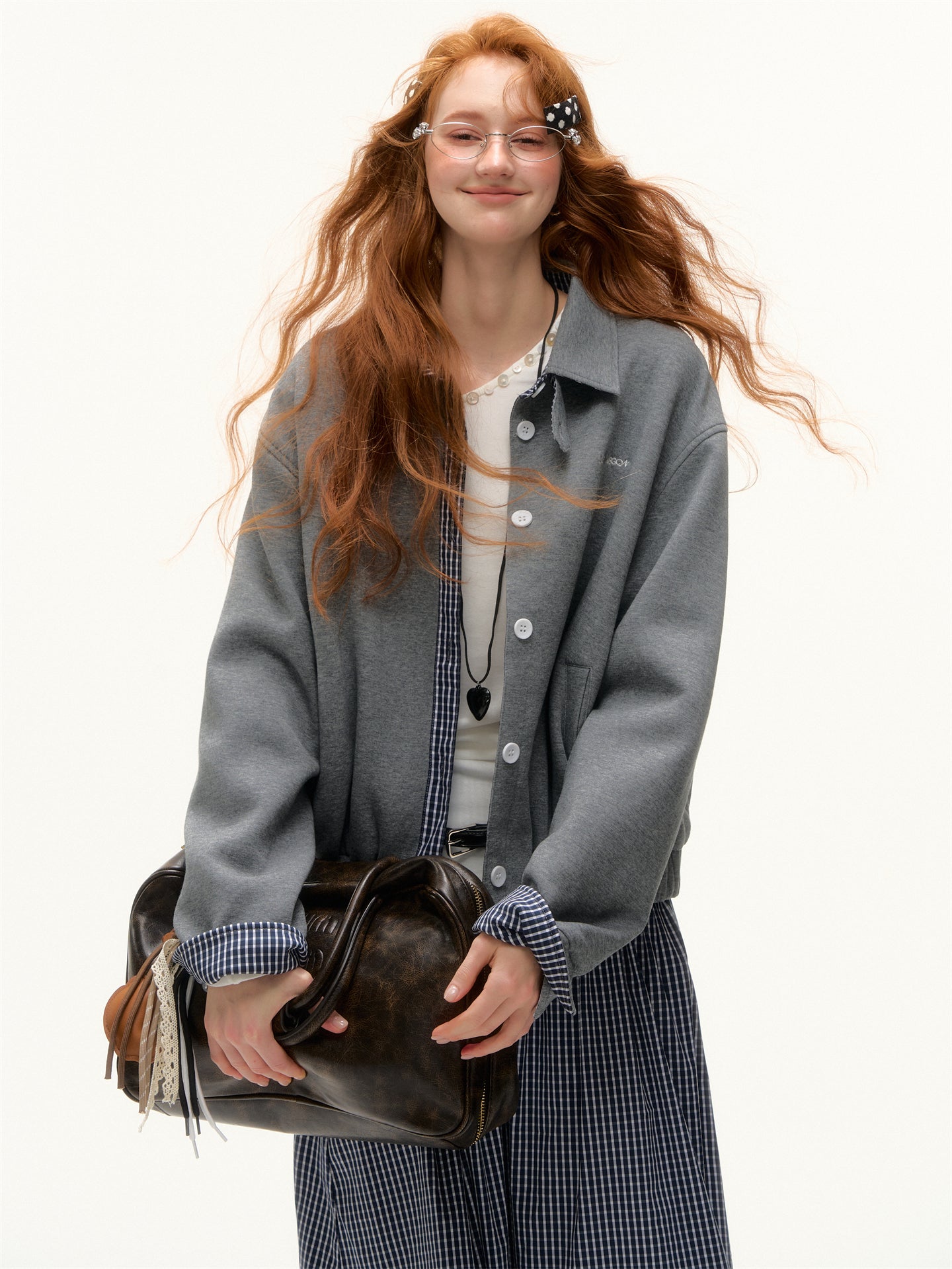 AsGony ASG25368 Plaid patchwork lapel embroidered jacket