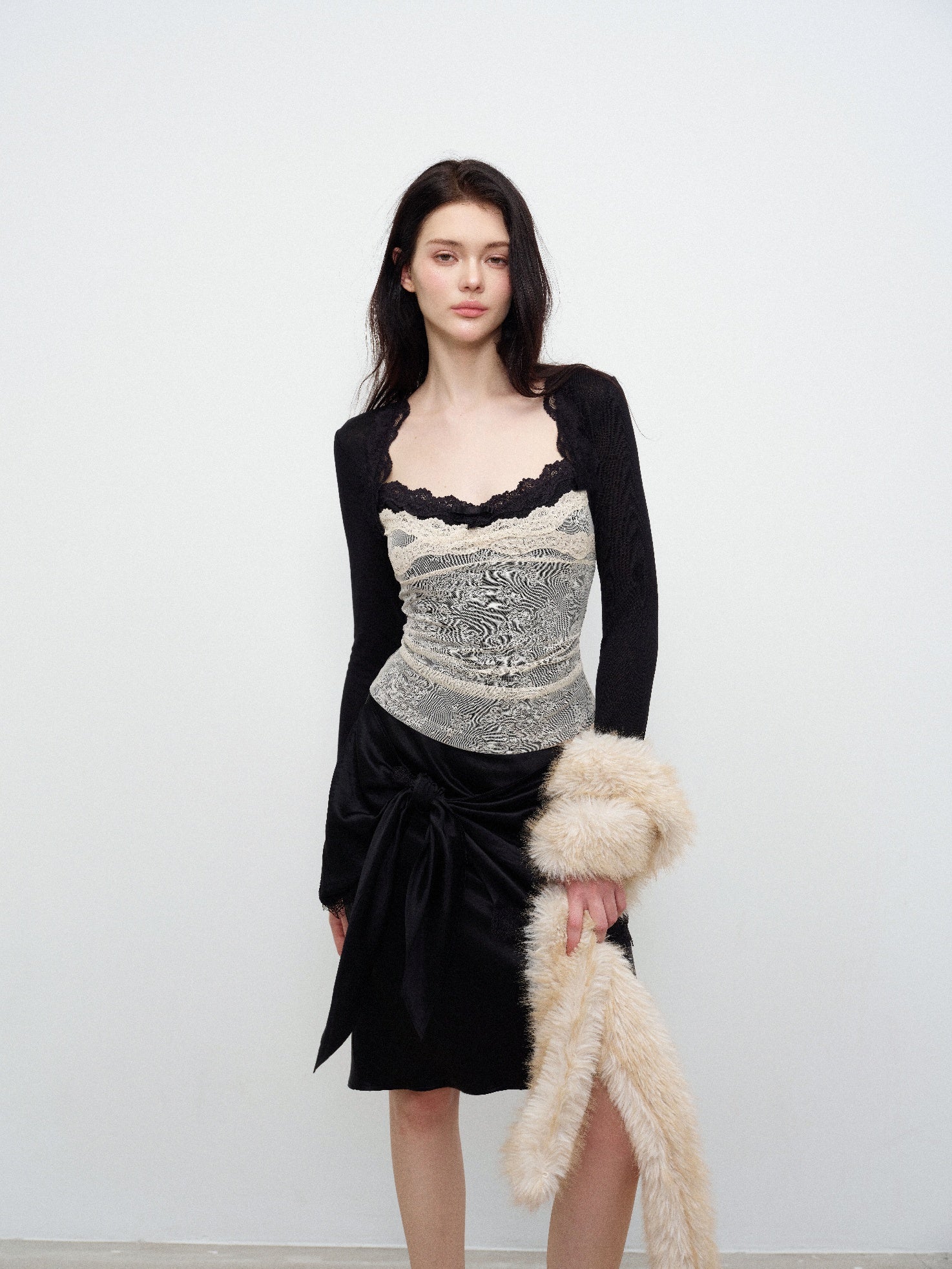 NONCESTNON N379 Color-Block Lace Long-Sleeve Top