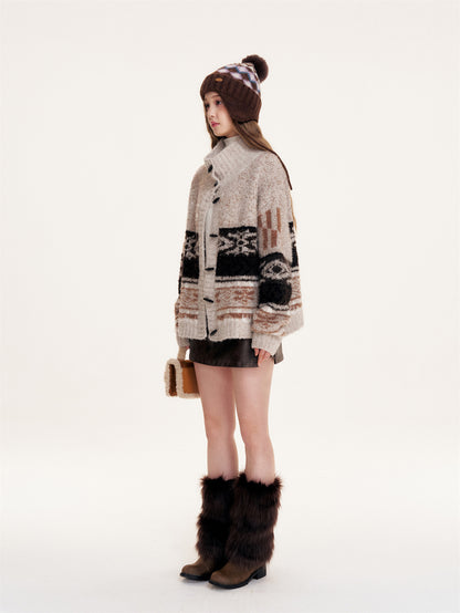 16DEWS 16D25386  Fair Isle Lapel Loosely Knitted Sweater