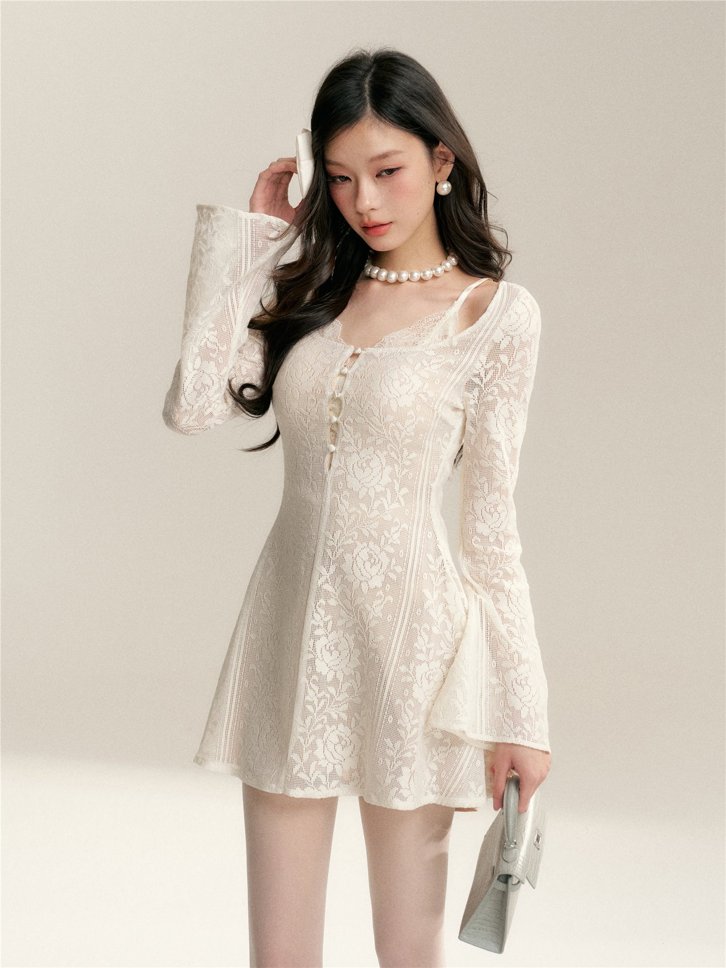 16DEWS 16D26053 Hollow jacquard lace slim fit A-line dress
