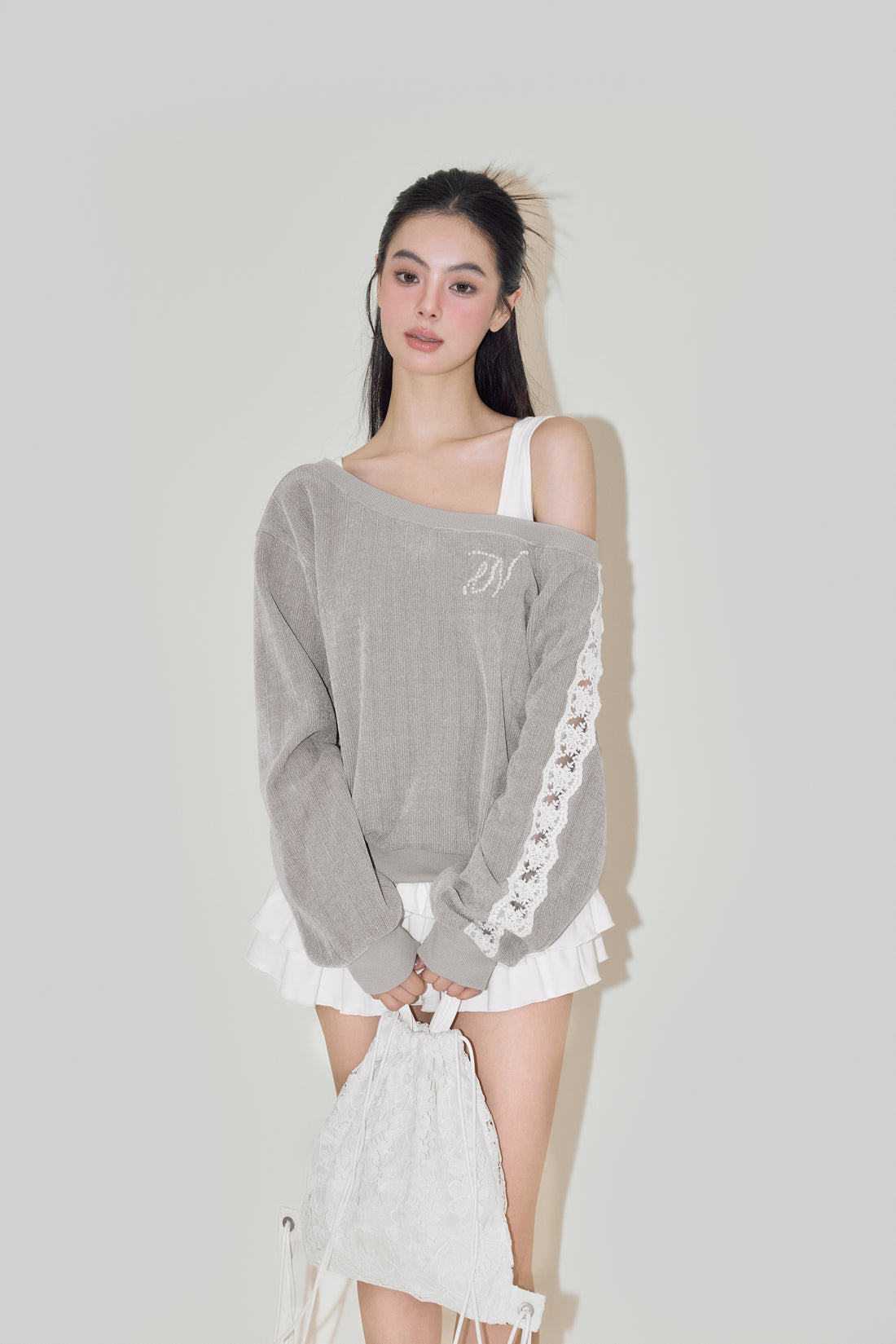 NOMEANSNO [Best Seller] Lace Grey One-shoulder Hoodie