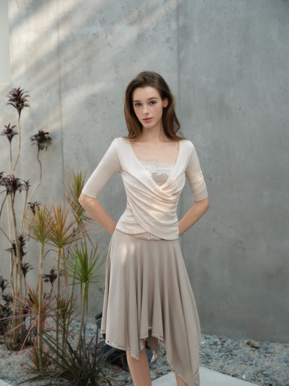 NONCESTNON N315&amp;N279 Pink cross lace mid sleeve + Irregular bead umbrella skirt