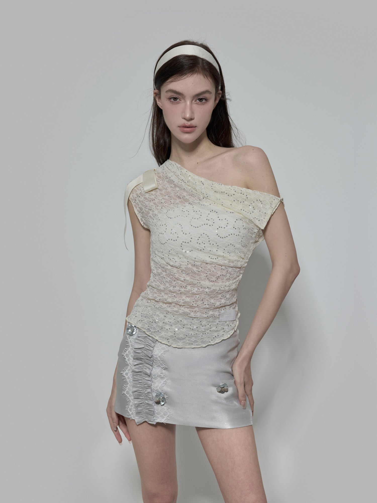 NOMEANSNO Sequin Lace One-Shoulder Top