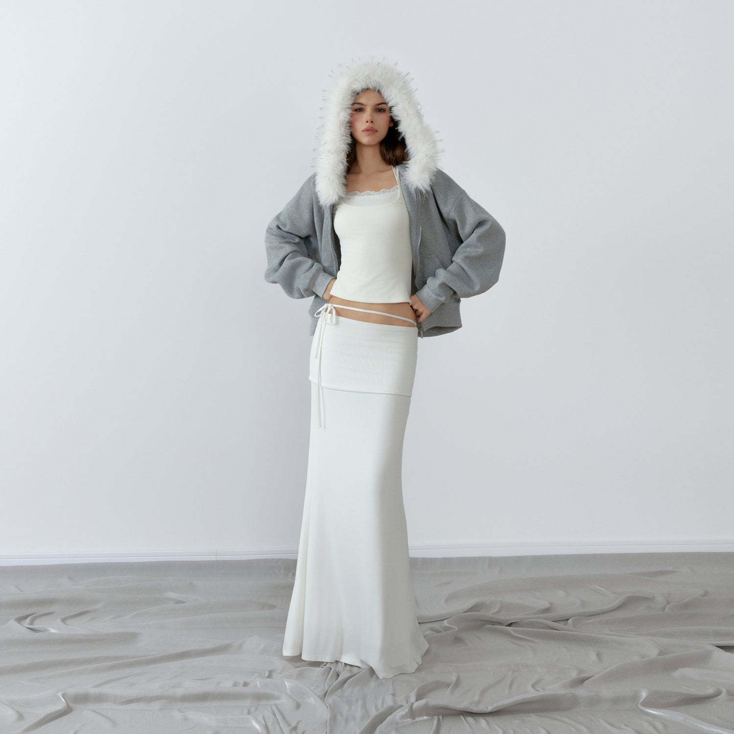 NONCESTNON N227 White fur collar gray hoodie