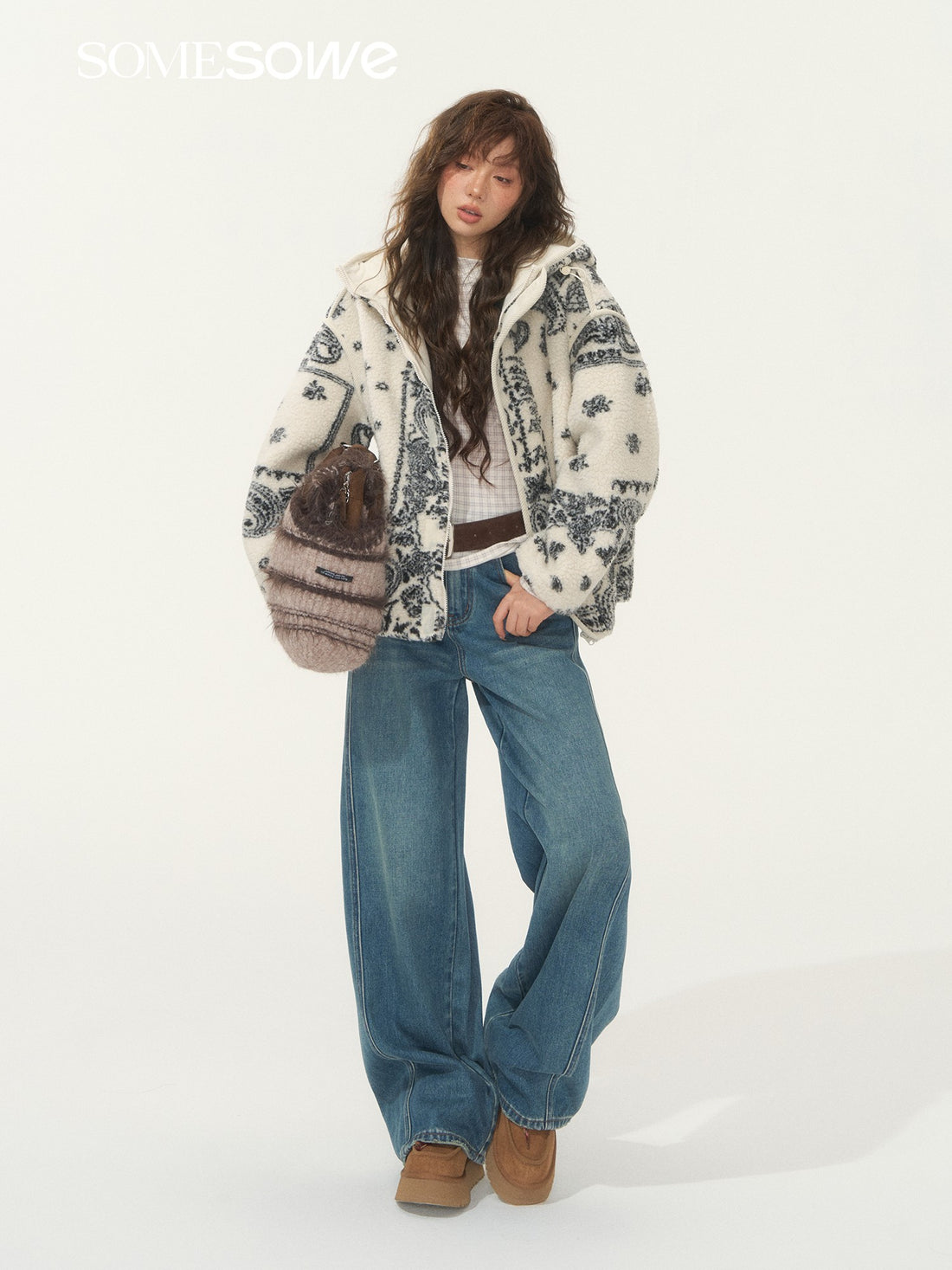 SOMESOWE S2508256 Jacquard fleece hooded casual jacket