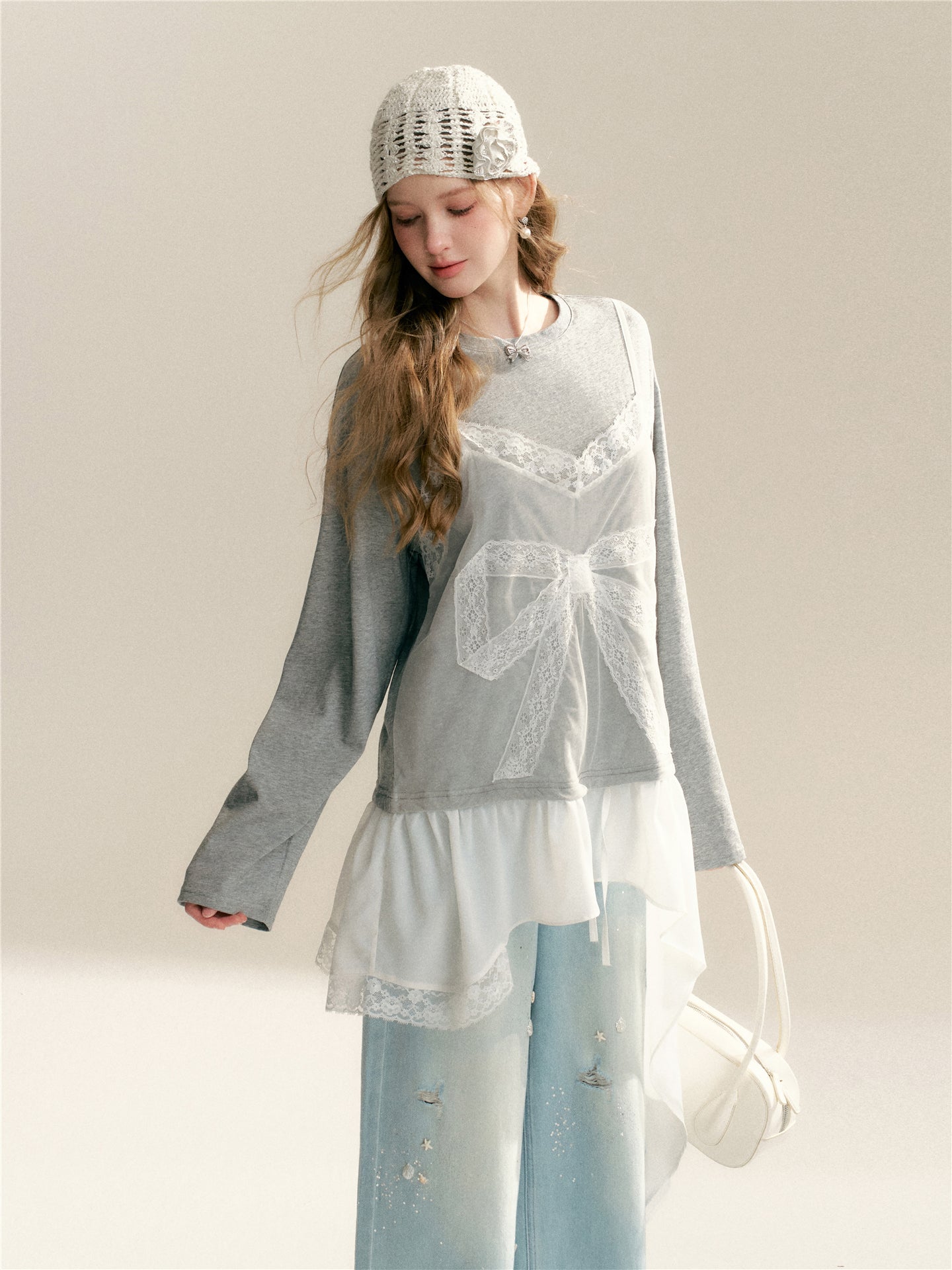 16DEWS 16D26062 Lace Splicing Fake Two Piece Irregular T-shirts