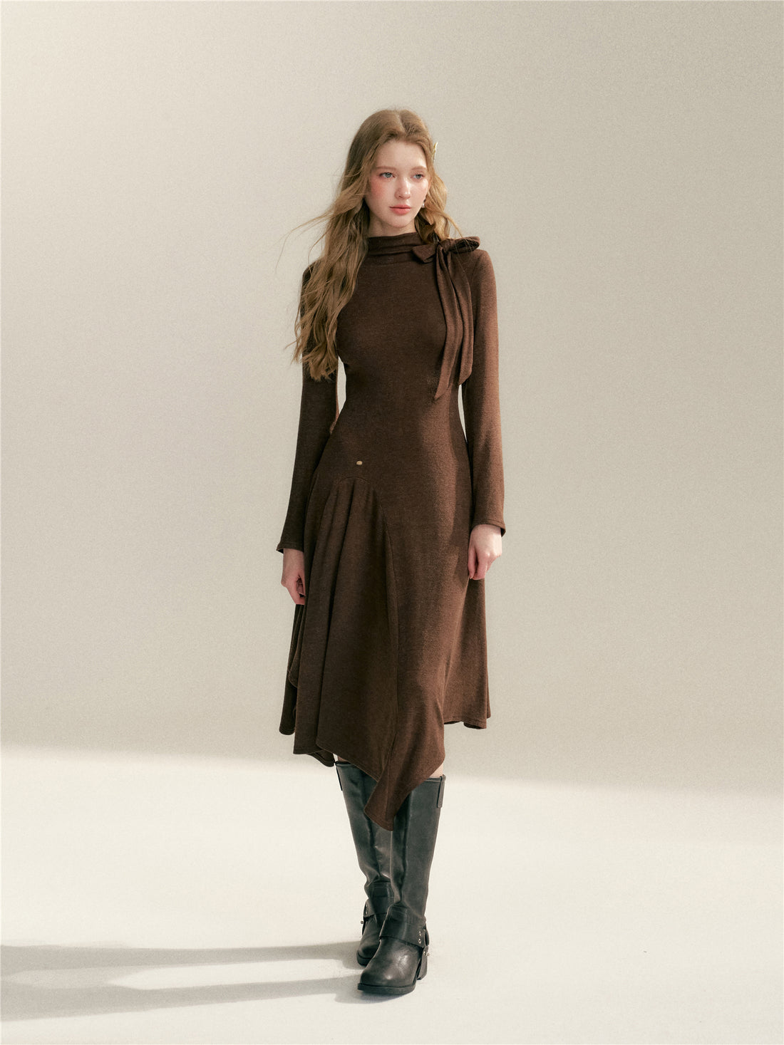 16DEWS 16D26001 Irregular semi high neck long sleeved slim fit dress