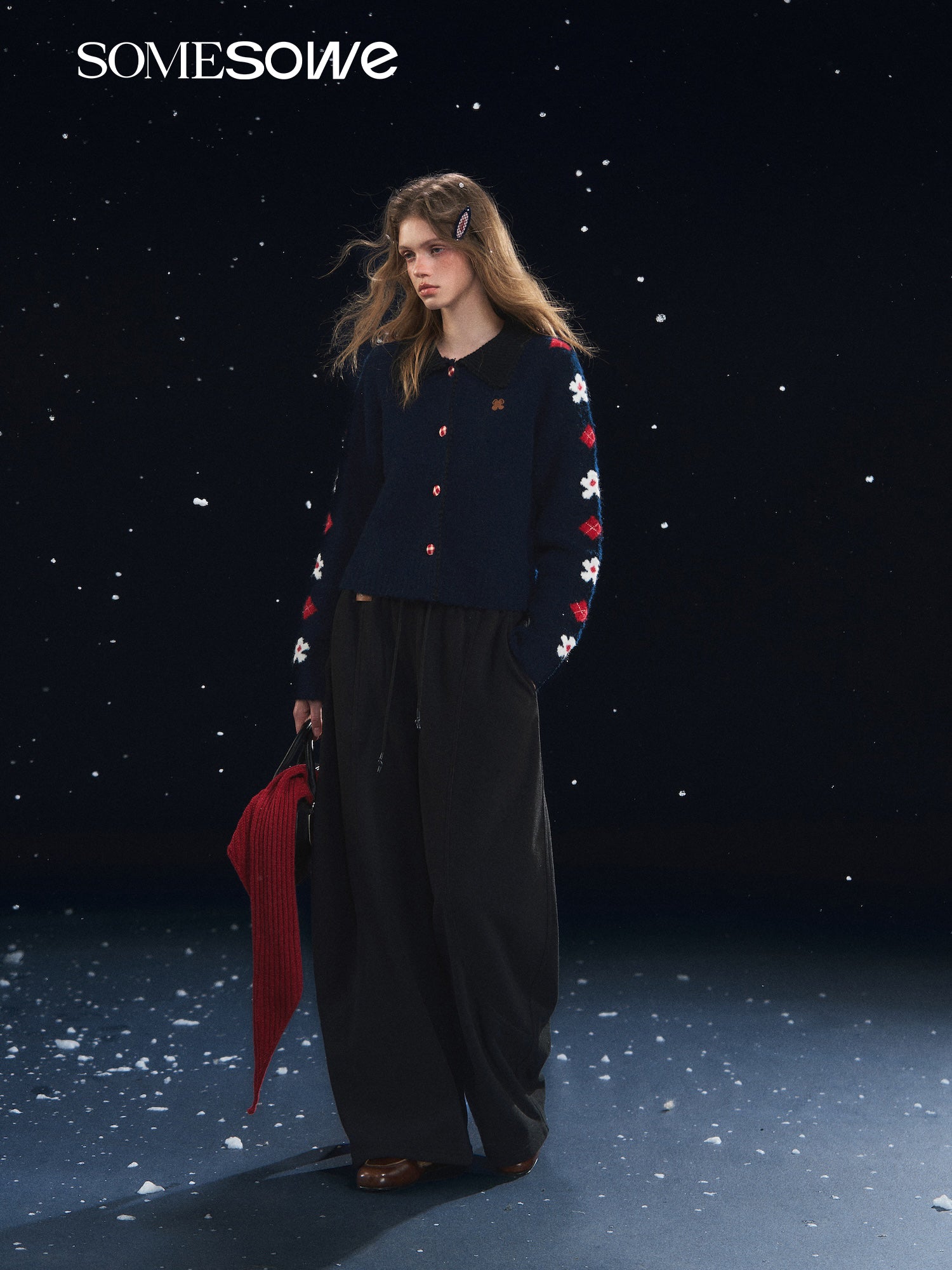 SOMESOWE S2508314 Retro Flower Jacquard Notched Collar Cardigan