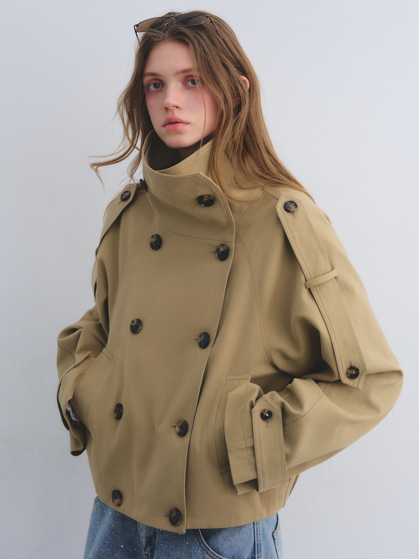 AsGony ASG25669 Big collar flower bud cocoon shaped double breasted jacket