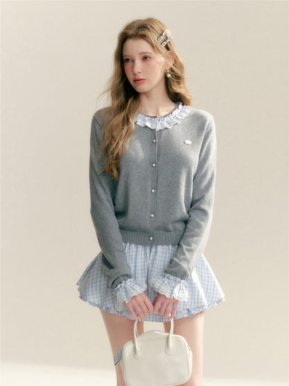 16DEWS 16D26051 Color blocking plaid round neck knitted cardigan