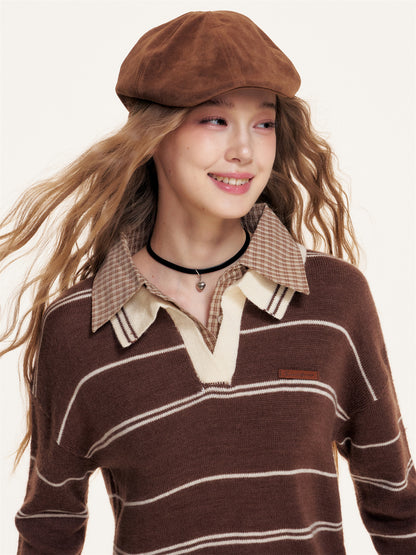 16DEWS 16D25380 Polo collar fake two-piece pullover sweater