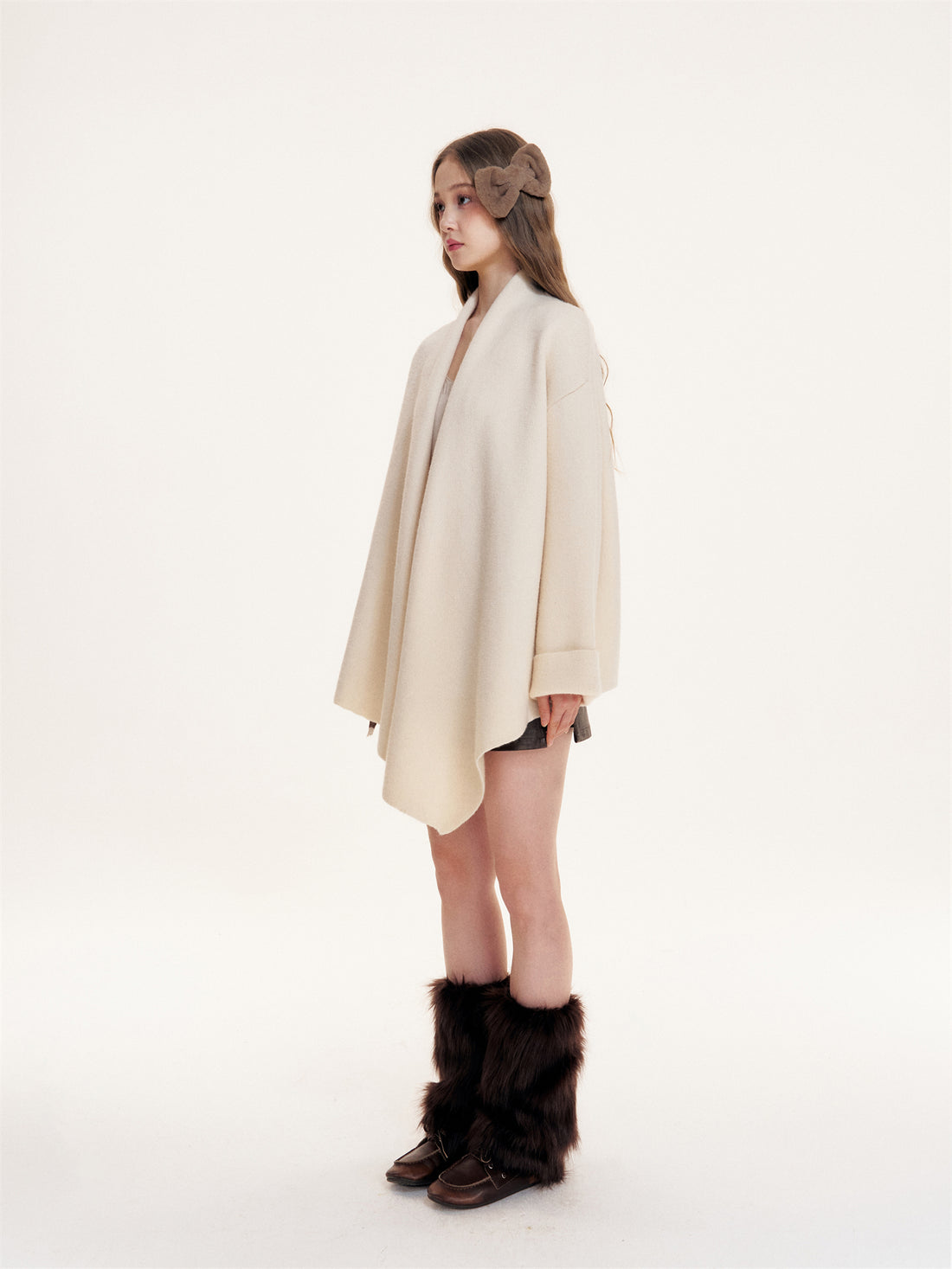 16DEWS 16D25411 Irregular hem lapel woolen cloak coat