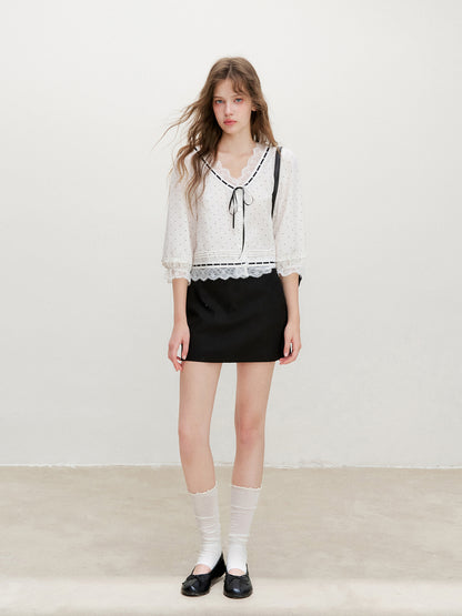 16DEWS 16D26361 Sheer Polka-Dot Tencel Cropped Blouse