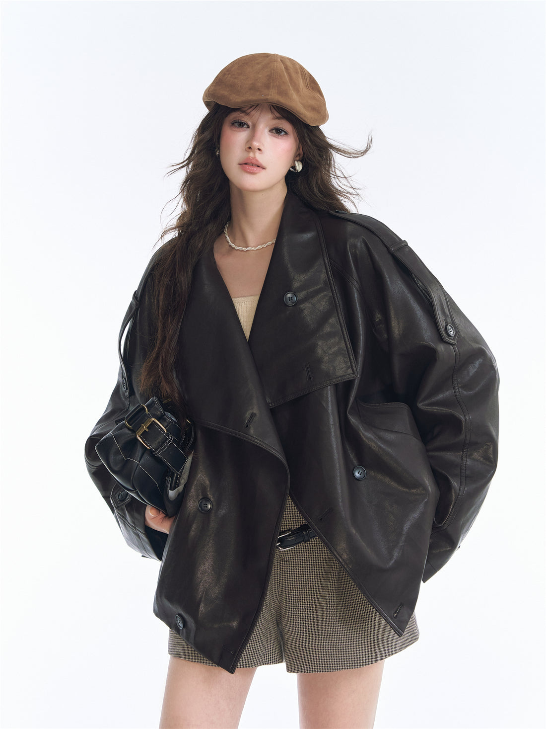 Asgony ASG26542 Oversized Collar Double-Breasted Leather Jacket