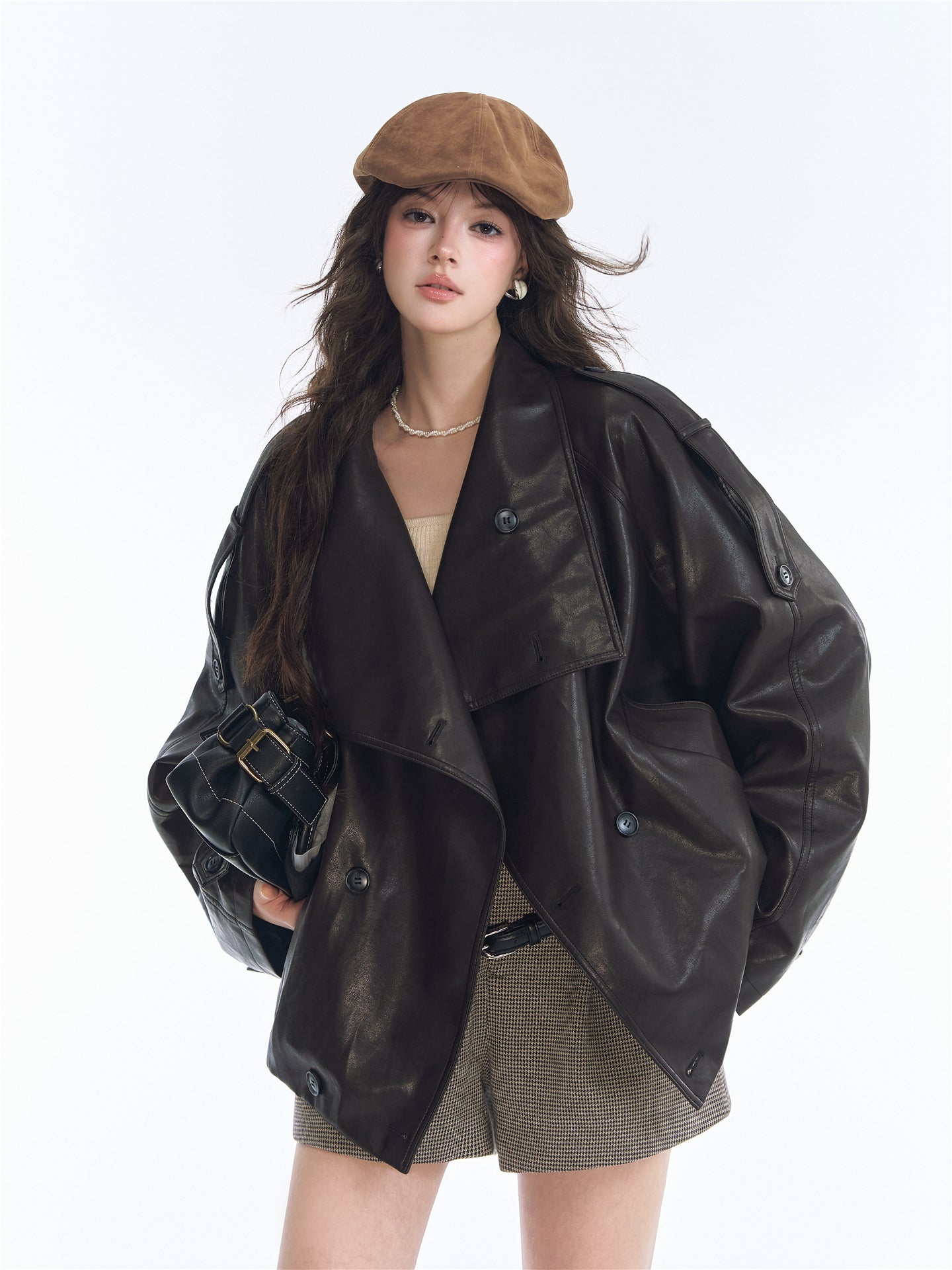 Asgony ASG26542 Oversized Collar Double-Breasted Leather Jacket