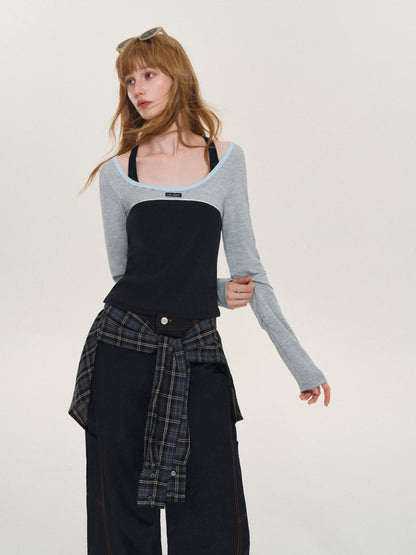 Asgony ASG26614 Ballet-Core U-Neck Faux Layered Top