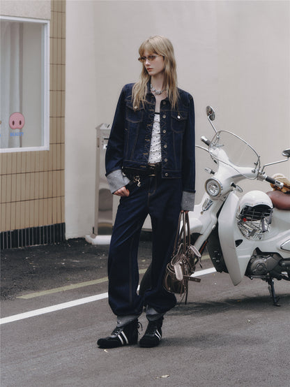 Asgony ASG26506 Raw Denim Jacket+ASG26507 Denim Straight Pants