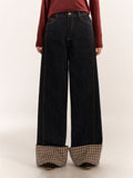 Asgony ASG24560 curled plaid splicing casual wide-leg jeans set