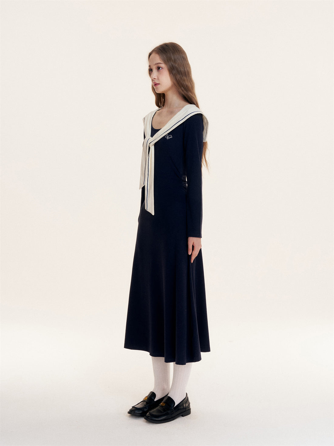 16DEWS 16D25422 Navy collared waist cinched dress