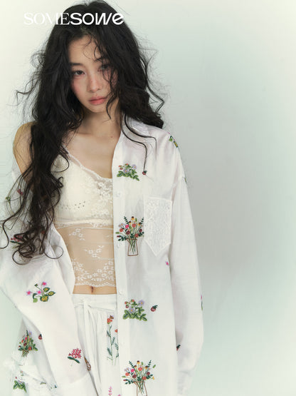 SOMESOWE S2609059&amp;S2609060 Flower embroidery lace patchwork shirt + skirt