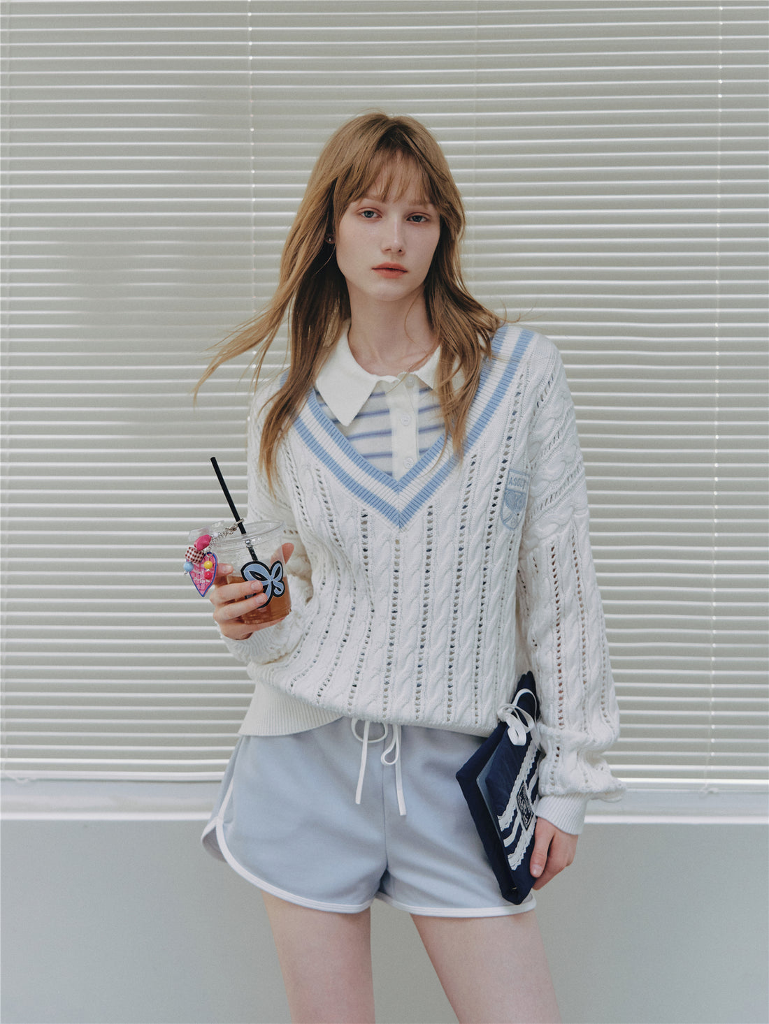 Asgony ASG26546 Cotton V-Neck Openwork Cable Knit Sweater