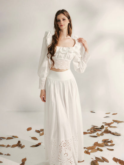 YZZI HE French embroidery hollowed out lace top + skirt set